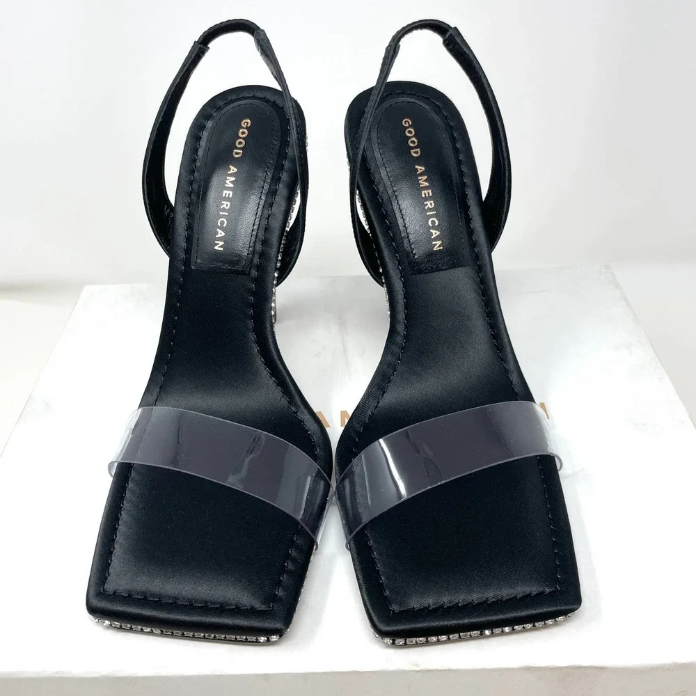 Good American Crystal Crush Lucite Rhinestone Sandals In Black Size 7.5 New
